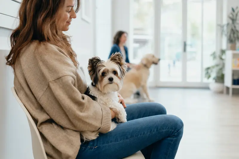 Biewer Terrier sitzt ruhig neben seinem Besitzer im hellen Wartezimmer einer modernen Tierarztpraxis.